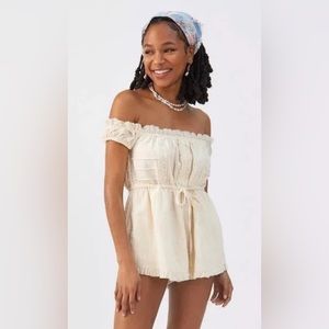 UO Evie Off-The-Shoulder Check Romper in Ivory